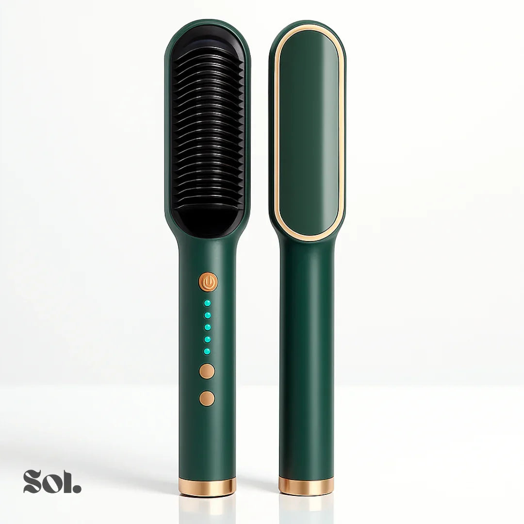 Green and gold electric hair straightening brush with LED indicators for hair care