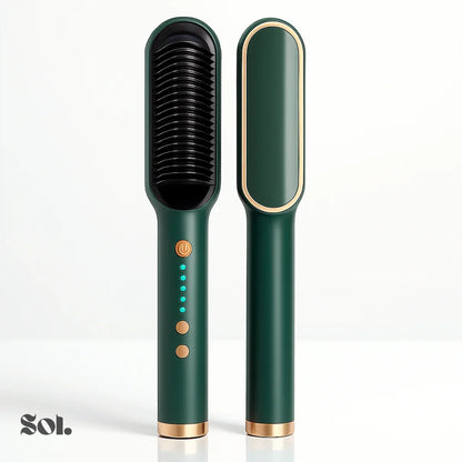 Green and gold electric hair straightening brush with LED indicators for hair care