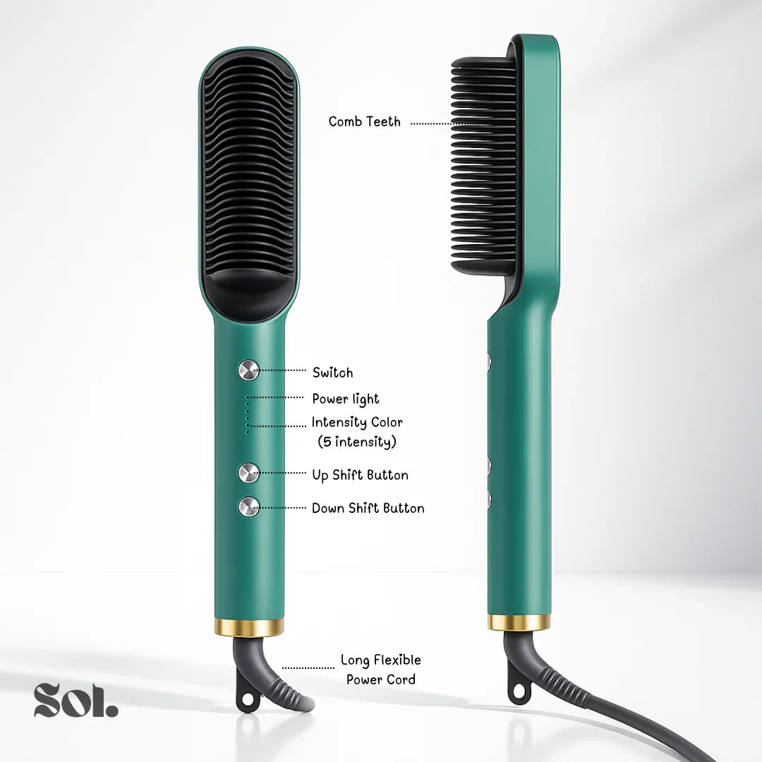Green electric hair straightening comb with labeled buttons and long flexible power cord for styling