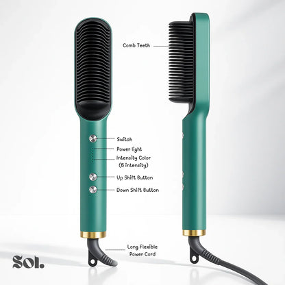 Green electric hair straightening comb with labeled buttons and long flexible power cord for styling
