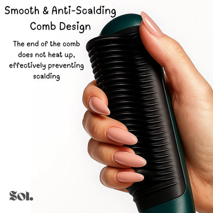 Hand holding a green and black comb with smooth, anti-scalding design to prevent heat and scalding